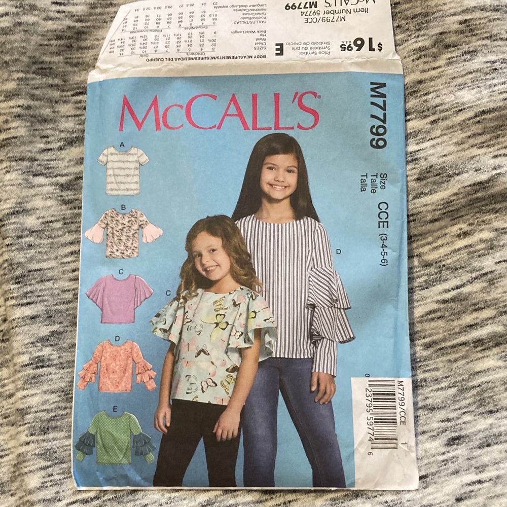 McCall's M7799 girls multiple sleeve option top pattern 3 4 5 6 uncut